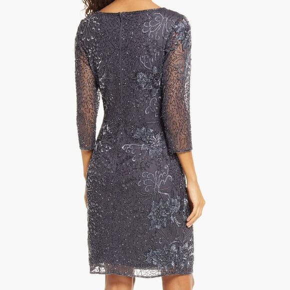Pisarro Nights Beaded V-Neck Grey 3/4 Sleeve Cocktail Formal Dress Womens 8 - Picture 9 of 10